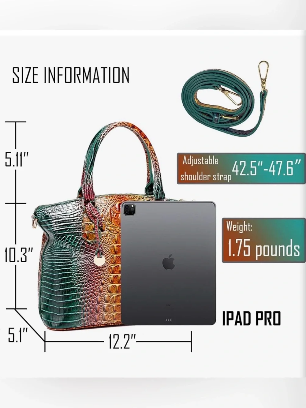 Multicolor Embossed Vegan Leather Croc Tote Bag Blue- Green/Bronze Peacock
